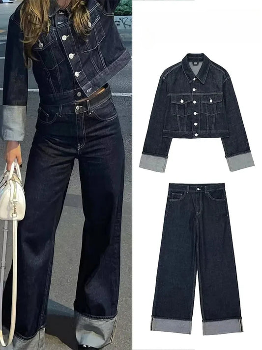 Veste en jean à simple boutonnage pour femme, pantalon taille haute, pantalon large à fermeture éclair, mode rétro, imbibé, épissage, poche, ensemble 2 pièces