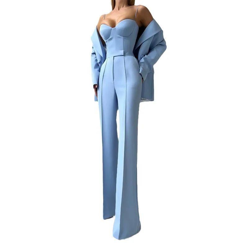 Nouveau bleu clair émeraude Violet Options de couleur haut bustier Flare pantalon Blazer costume tempérament trajet trois pièces femmes tenue