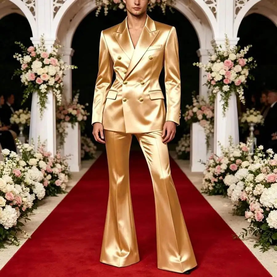 Ensemble de costume satiné croisé pour homme, 2 pièces, revers cranté, blazer à boutons dorés, pantalon évasé, tenue formelle pour mariage, bal de promo, soirée, ou marié