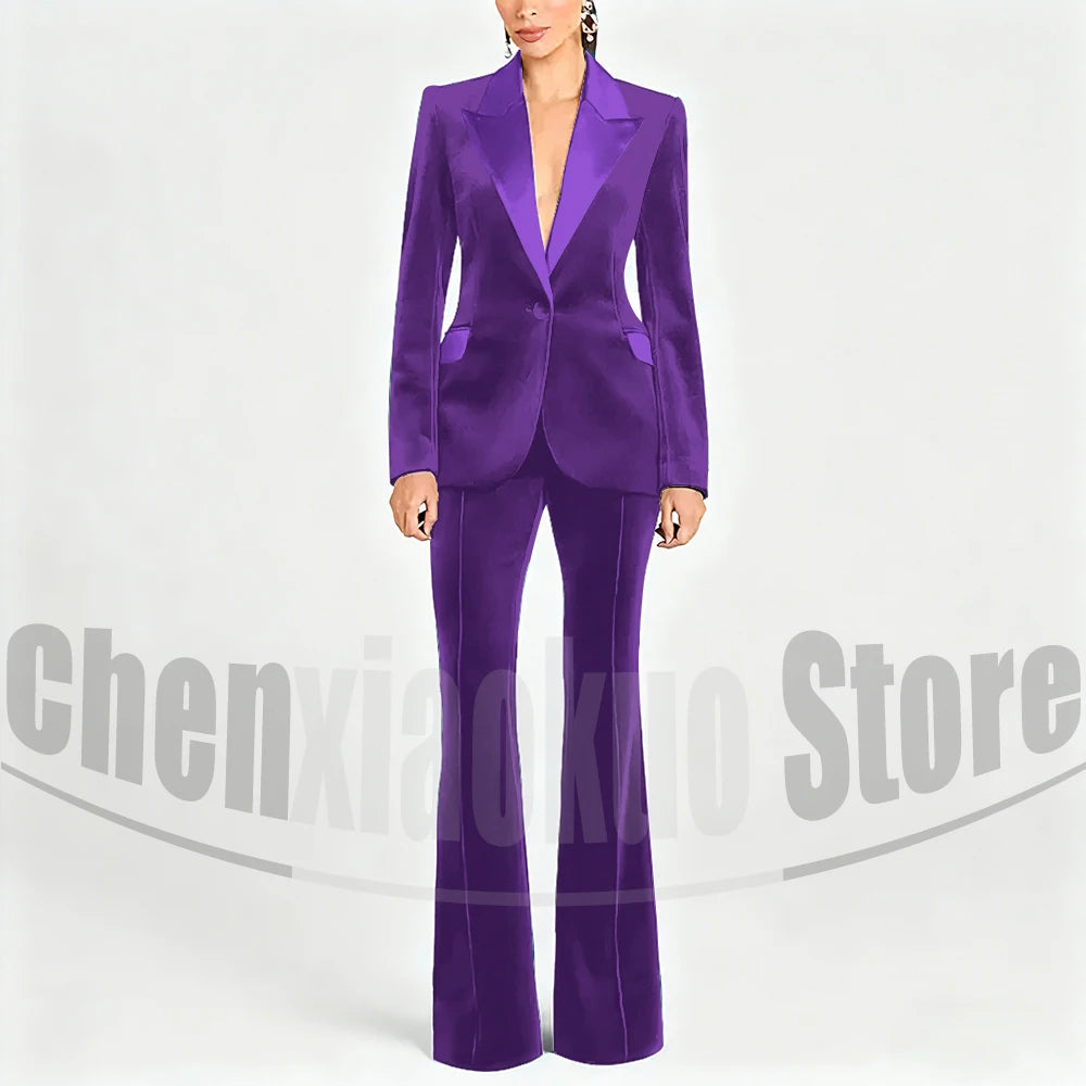 Ensemble de costume en velours pour femmes, Blazer à un bouton et pantalon évasé, vêtements de cérémonie élégants pour soirée, bal, tenue Slim, deux pièces