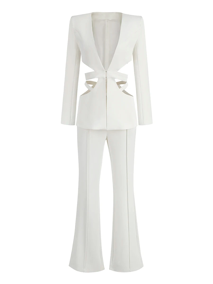 Ensembles de pantalons baggy trempés pour femmes, blazers courts à revers, veste d'automne, manches longues, taille basse, évider, fjgy, 2 pièces