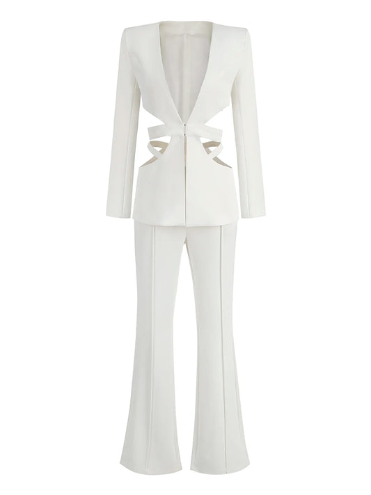 Ensembles de pantalons baggy trempés pour femmes, blazers courts à revers, veste d'automne, manches longues, taille basse, évider, fjgy, 2 pièces