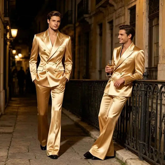 Ensemble de costume satiné croisé pour homme, 2 pièces, revers cranté, blazer à boutons dorés, pantalon évasé, tenue formelle pour mariage, bal de promo, soirée, ou marié