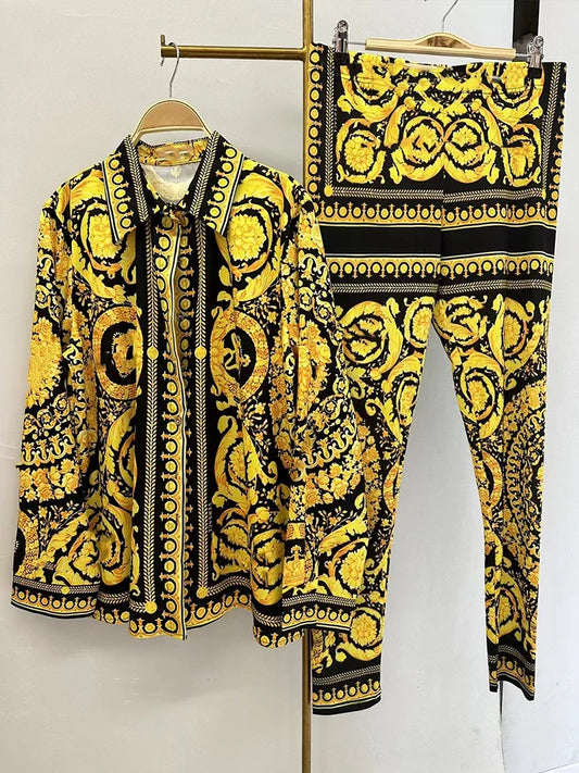 Chemise à manches longues à revers imprimé rétro pour femmes, nouveau costume + taille élastique, pantalon slim, pieds élastiques, costume deux pièces à la mode, printemps 2025