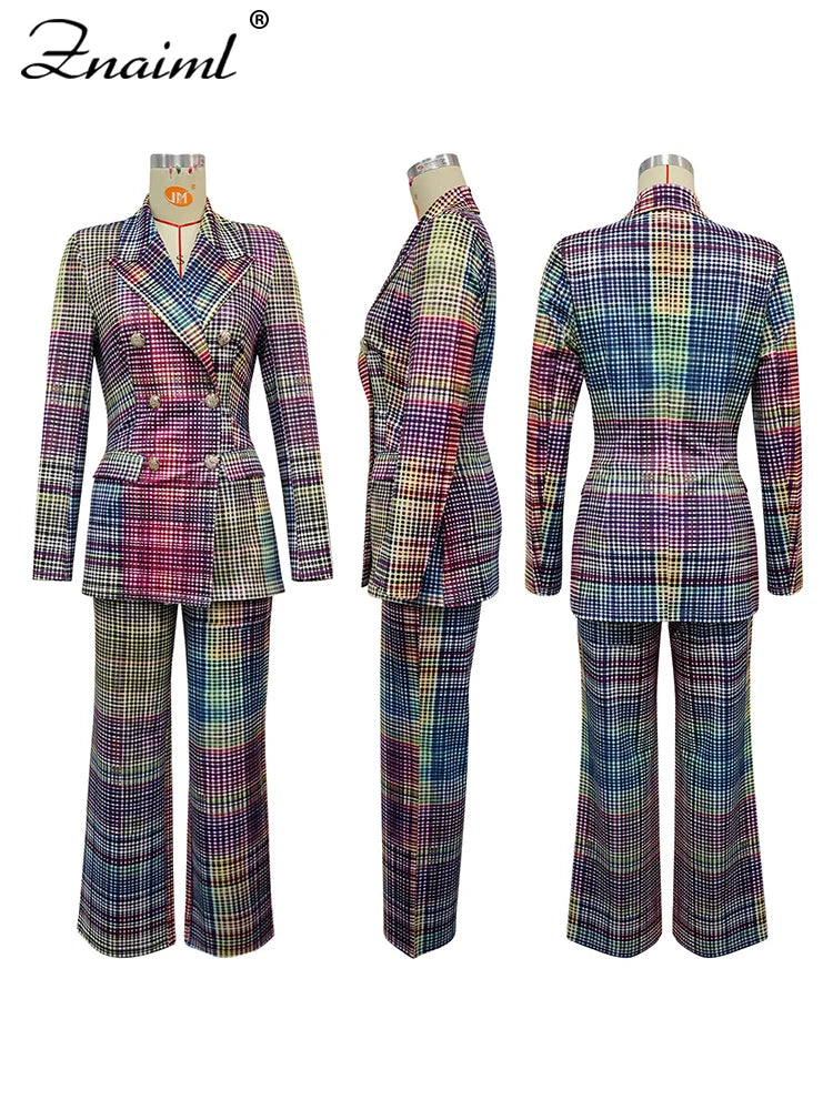 Znaiml Chic Plaid imprimé mince femmes Blazer costume revers à manches longues veste et taille haute pantalon droit 2 pièces ensemble bureau