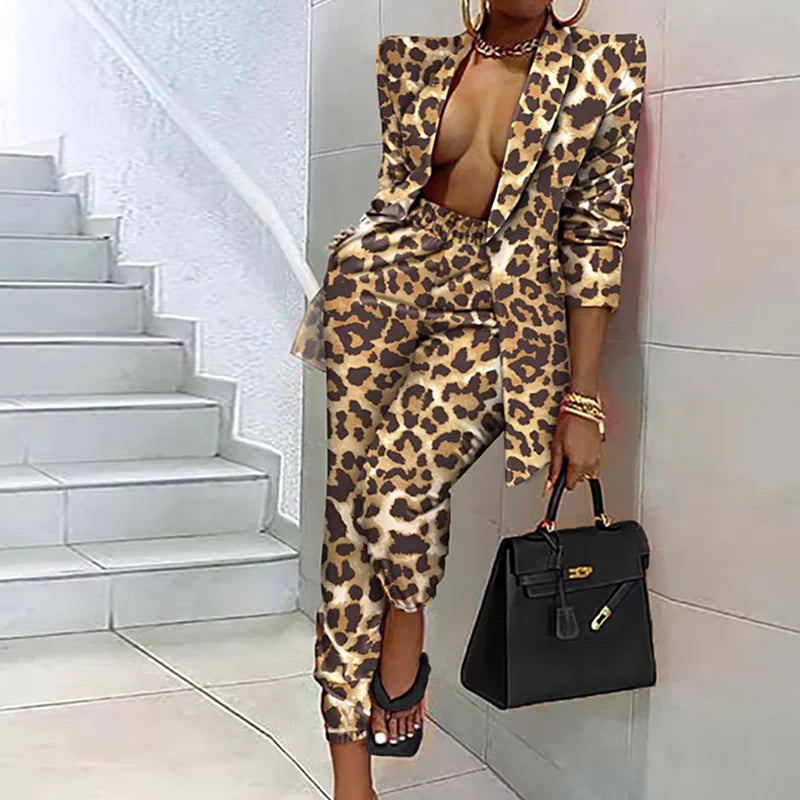 Ensemble tailleur élégant pour femme : blazer, pantalon crayon, imprimé rétro, bouton unique, tenue décontractée printemps-automne, deux pièces