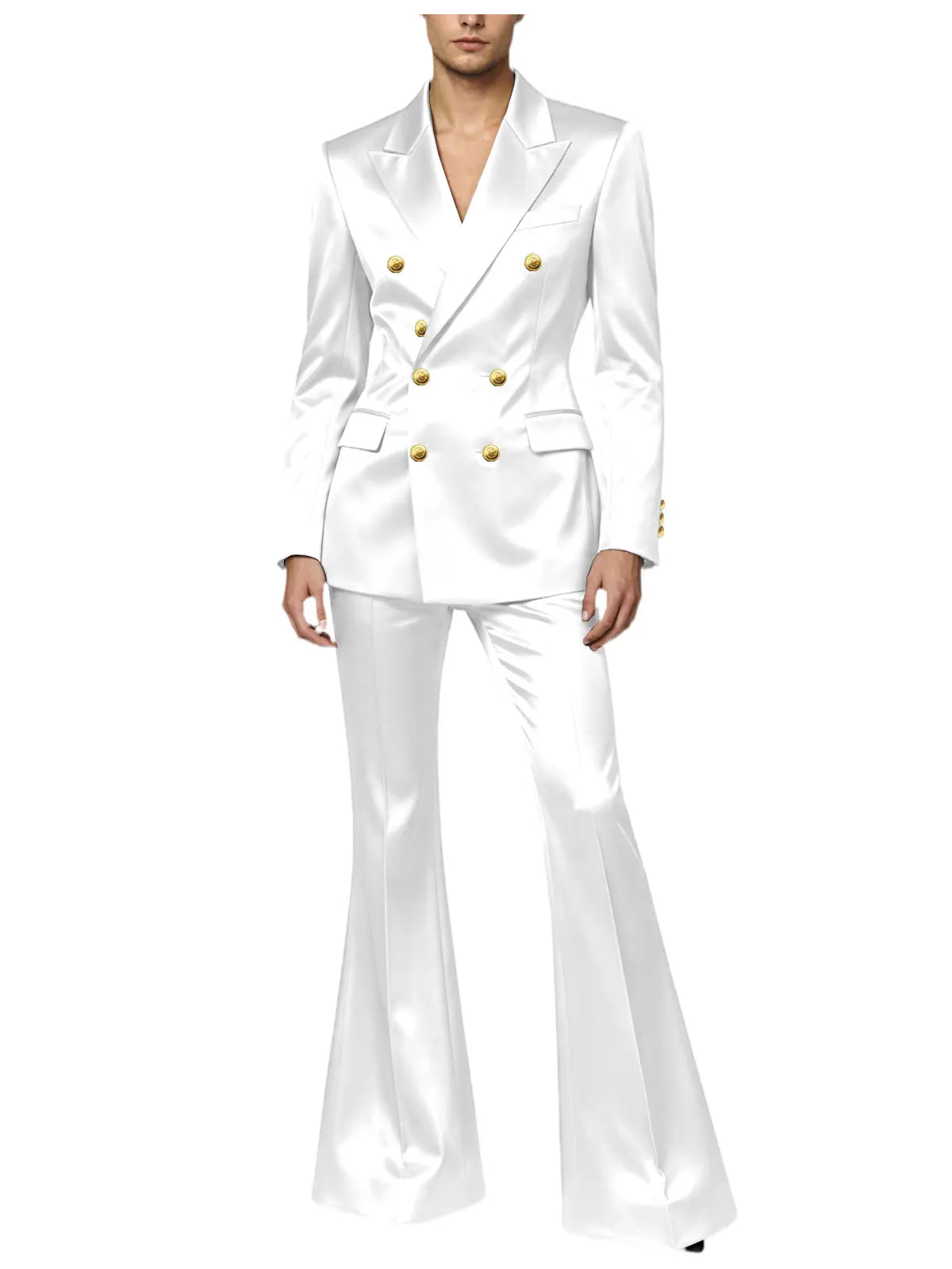 Ensemble de costume satiné croisé pour homme, 2 pièces, revers cranté, blazer à boutons dorés, pantalon évasé, tenue formelle pour mariage, bal de promo, soirée, ou marié