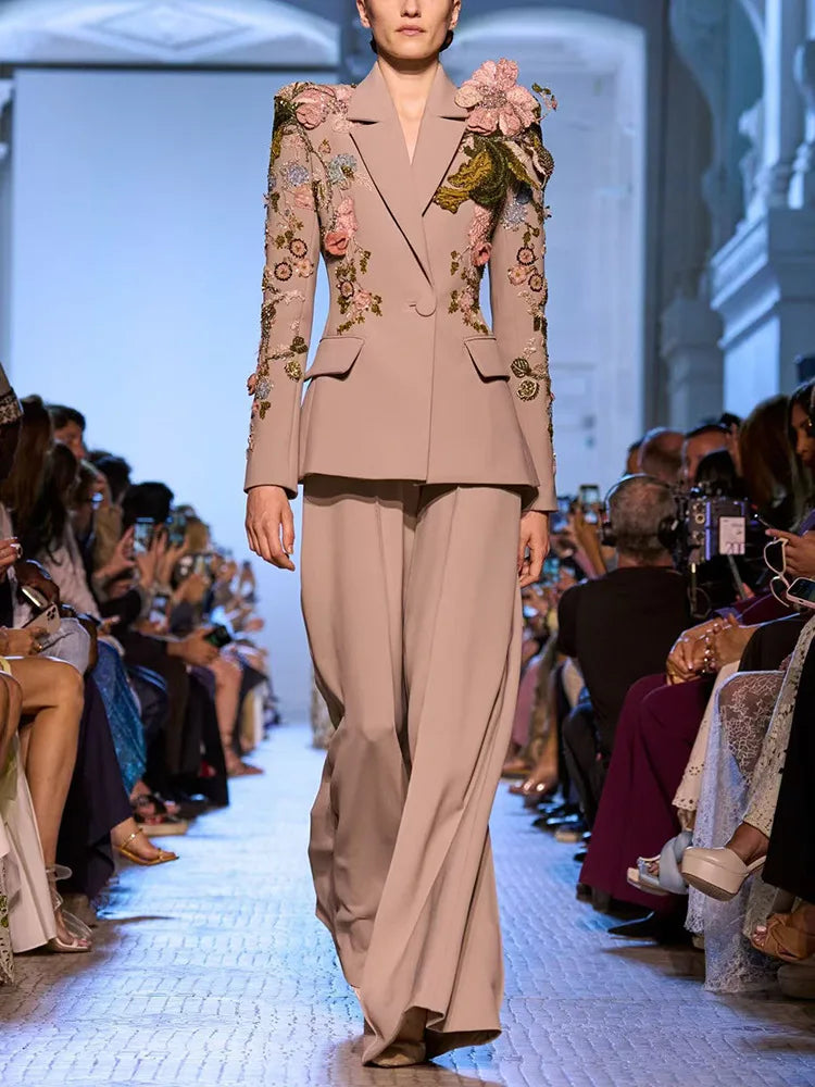HIGH STREET – ensemble de costume de défilé de styliste pour femmes, Blazer perlé à fleurs 3D, pantalon à jambes larges, nouvelle collection