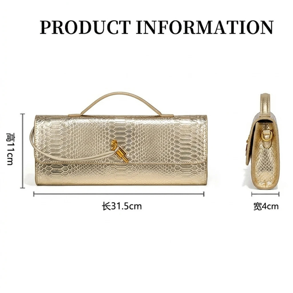 Sac bandoulière en similicuir croco doré métallisé pour femme, élégant sac à poignée supérieure, pochette de soirée avec fermoir