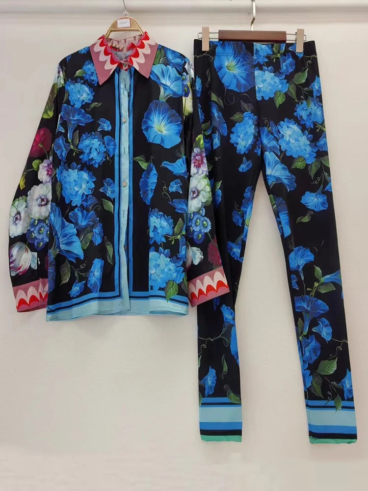 Chemise à manches longues à revers imprimé rétro pour femmes, nouveau costume + taille élastique, pantalon slim, pieds élastiques, costume deux pièces à la mode, printemps 2025