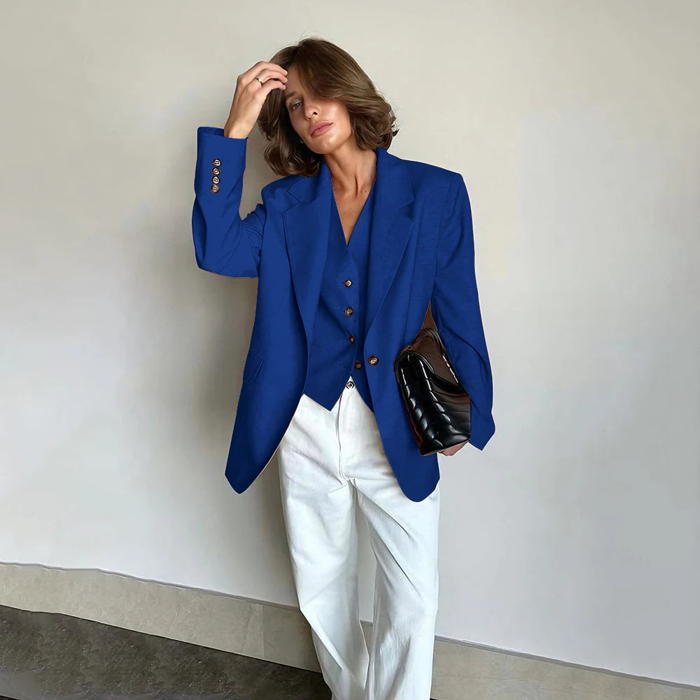 Slim Fit Women's Suits Linen Three Pieces Pant Sets High-end Single Button Notch Lapel Blazer Elegant Daily Business Office Wear