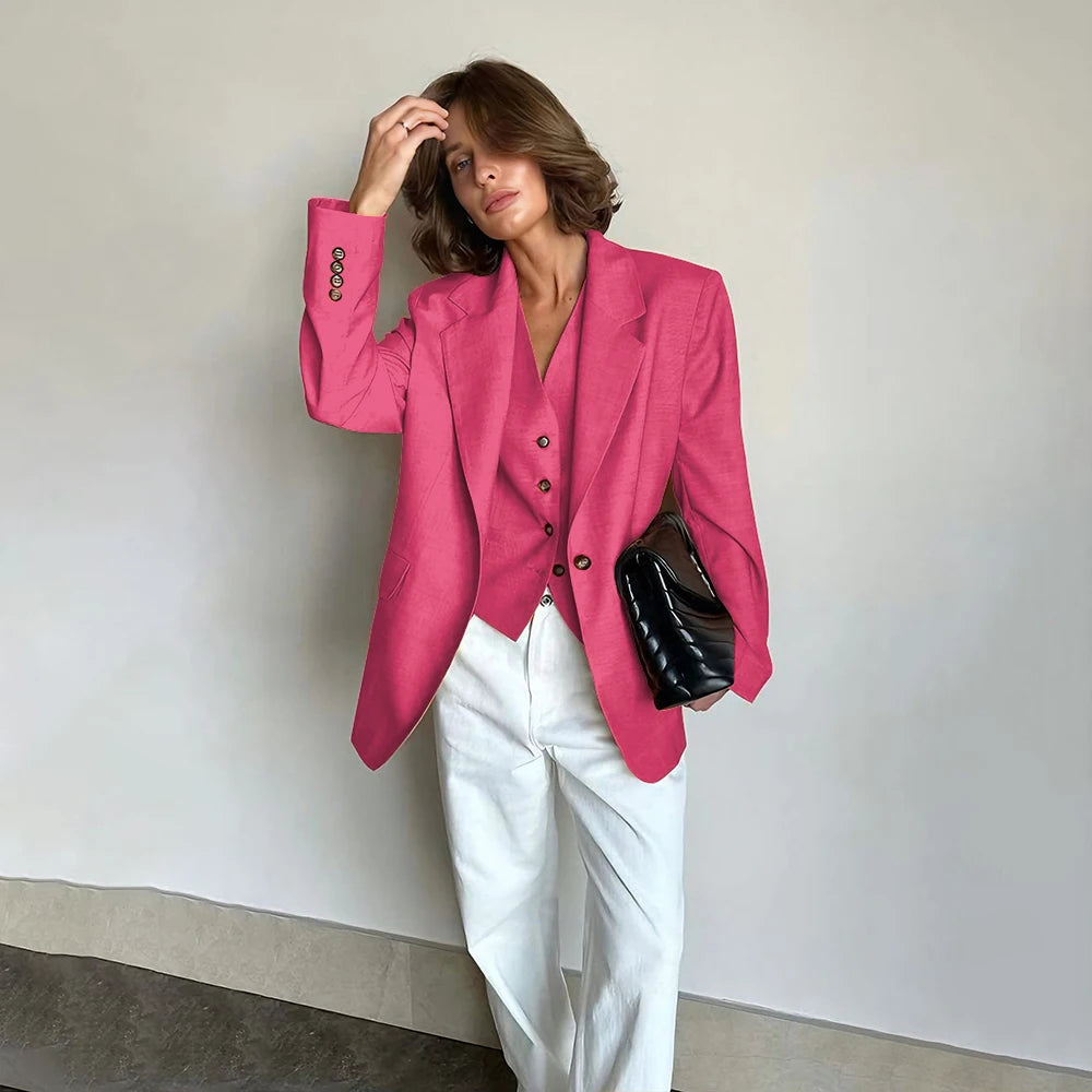 Slim Fit Women's Suits Linen Three Pieces Pant Sets High-end Single Button Notch Lapel Blazer Elegant Daily Business Office Wear