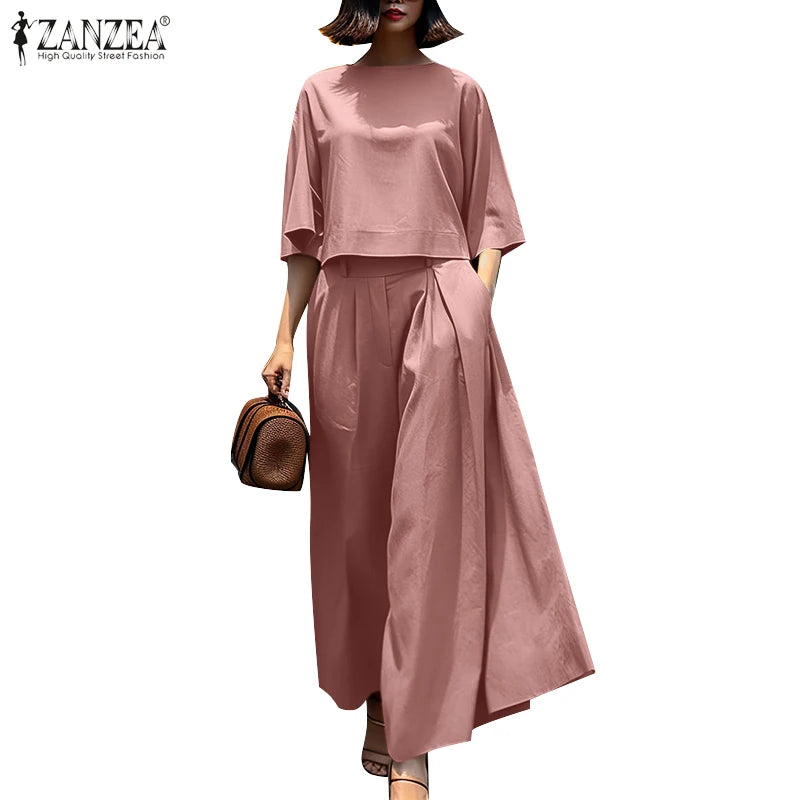 Mode été 3/4 manches Blouse pantalon costumes ZANZEA élégant femmes pantalons à jambes larges ensembles 2 pièces tenues décontractées travail OL survêtement
