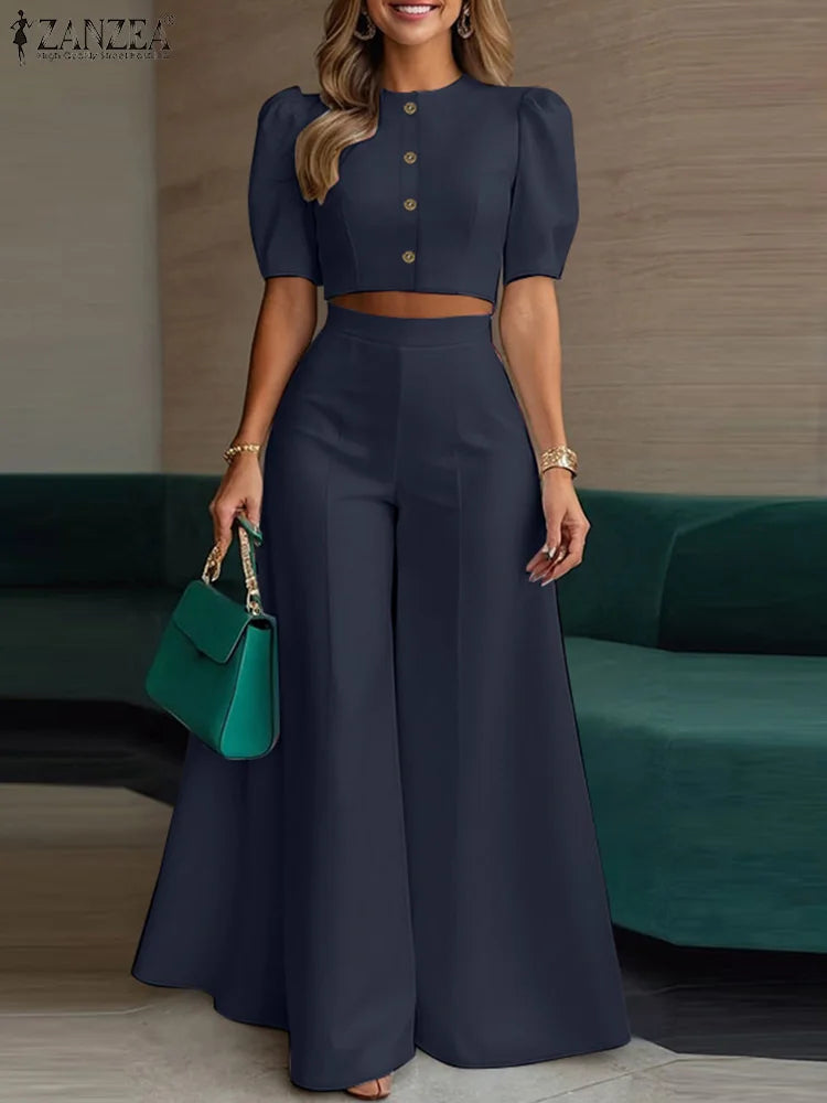 ZANZEA – ensemble pantalon 2 pièces pour femmes, haut court élégant et chic et pantalon à jambes larges, tenue deux pièces, costumes à pantalon, vêtements pour femmes, 3XL