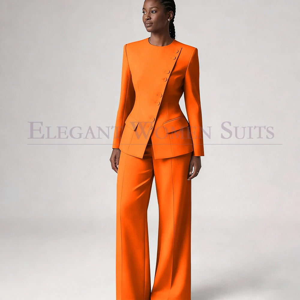 Costume de mode pour femme, blazer à simple boutonnage, col rond, longueur standard, ensemble 2 pièces veste et pantalon, tenue formelle de luxe