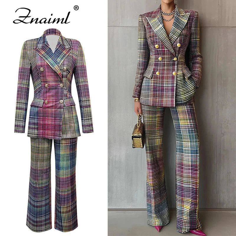 Znaiml Chic Plaid imprimé mince femmes Blazer costume revers à manches longues veste et taille haute pantalon droit 2 pièces ensemble bureau