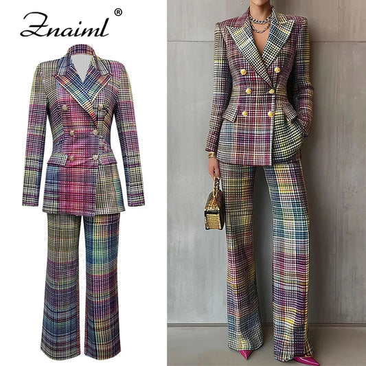 Znaiml Chic Plaid imprimé mince femmes Blazer costume revers à manches longues veste et taille haute pantalon droit 2 pièces ensemble bureau