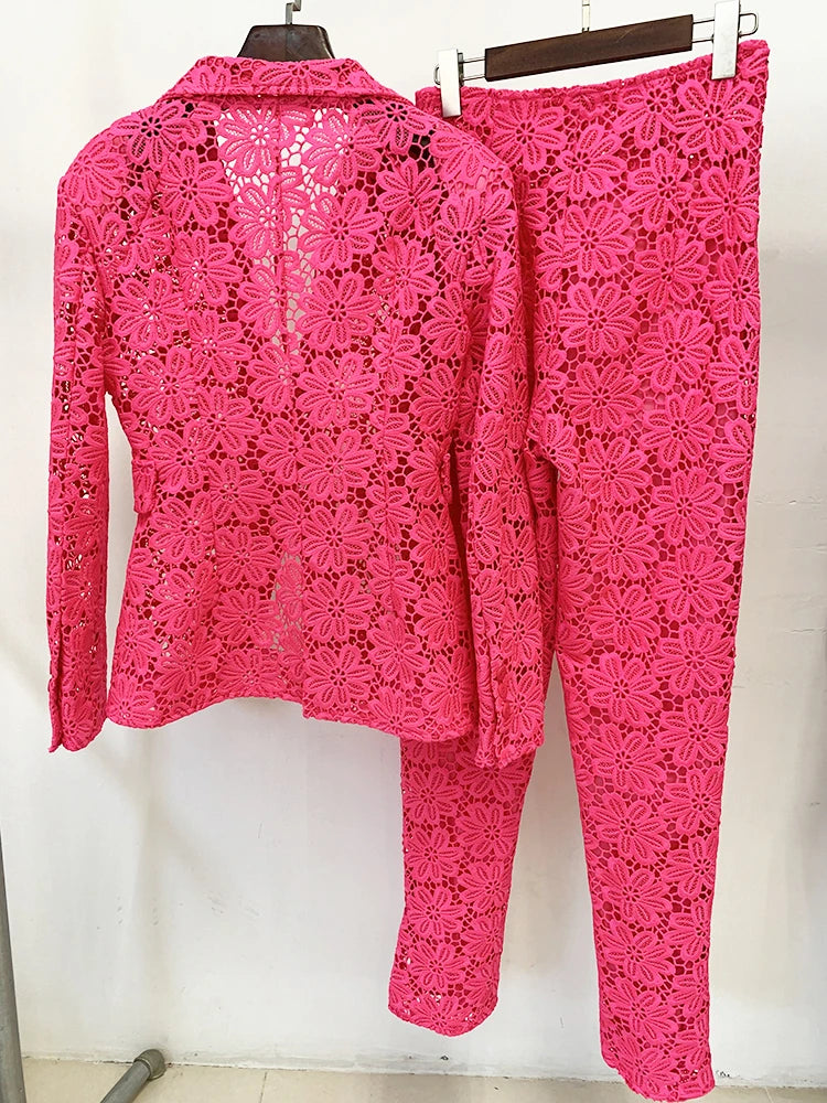 HIGH STREET Nouveauté 2026 Ensemble de costume de mode de défilé de créateur pour femme, Blazer en dentelle guipure à bouton unique et pantalon crayon, 2 pièces
