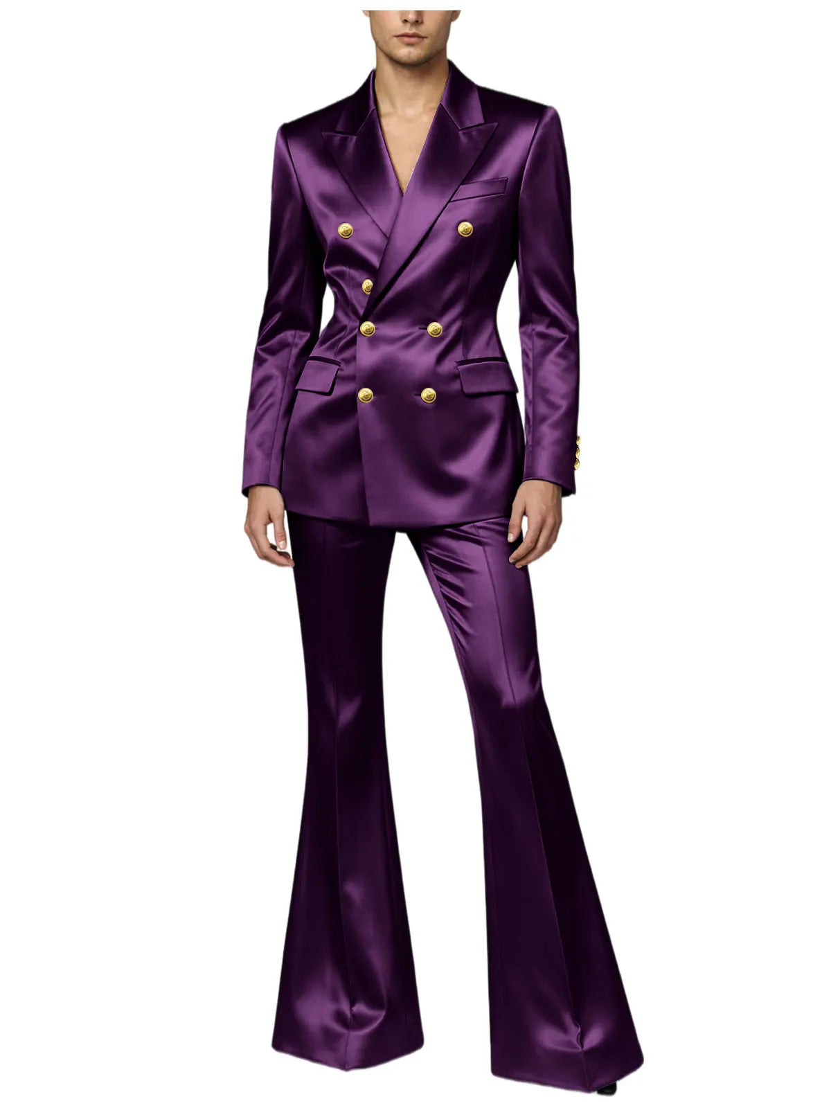 Ensemble de costume satiné croisé pour homme, 2 pièces, revers cranté, blazer à boutons dorés, pantalon évasé, tenue formelle pour mariage, bal de promo, soirée, ou marié