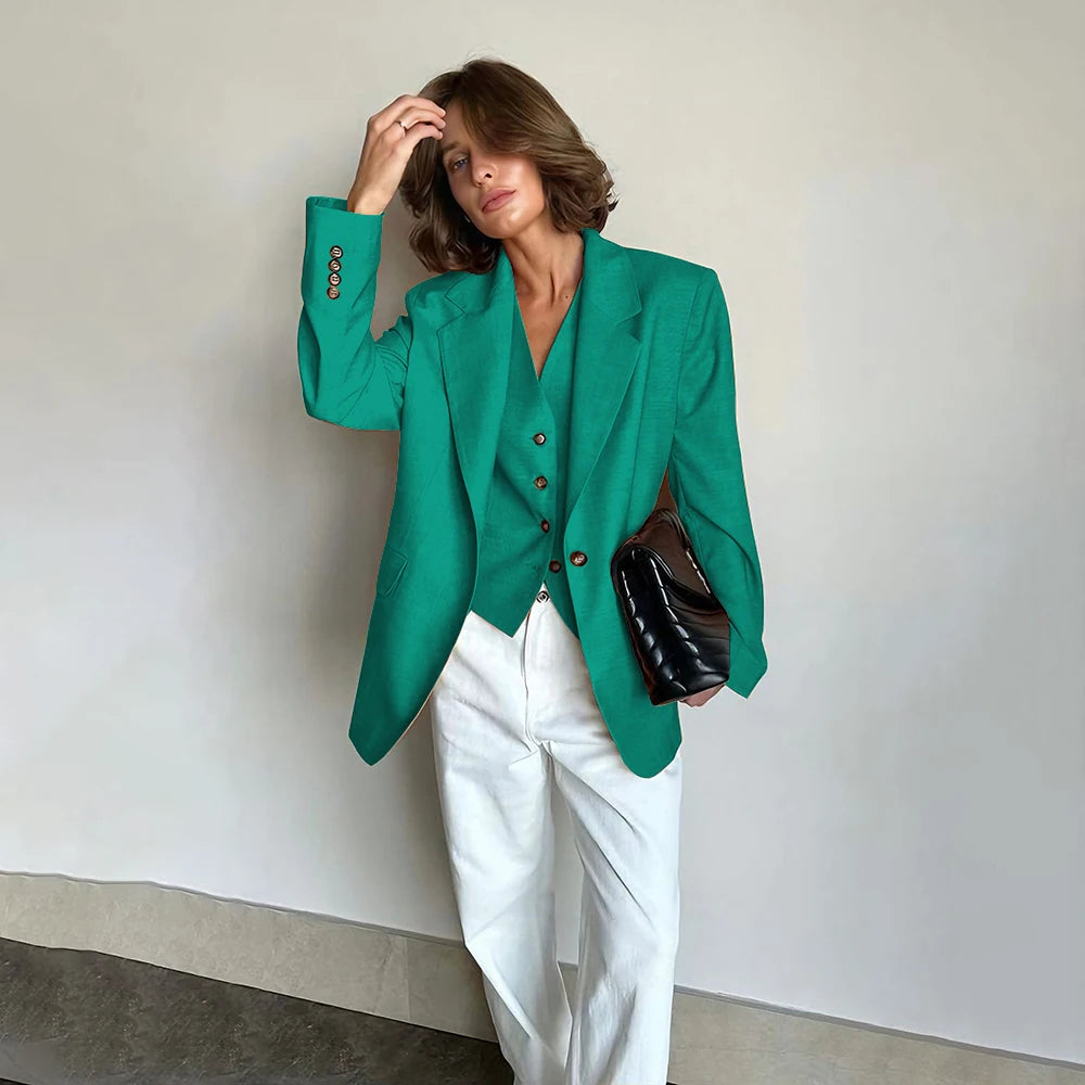 Slim Fit Women's Suits Linen Three Pieces Pant Sets High-end Single Button Notch Lapel Blazer Elegant Daily Business Office Wear