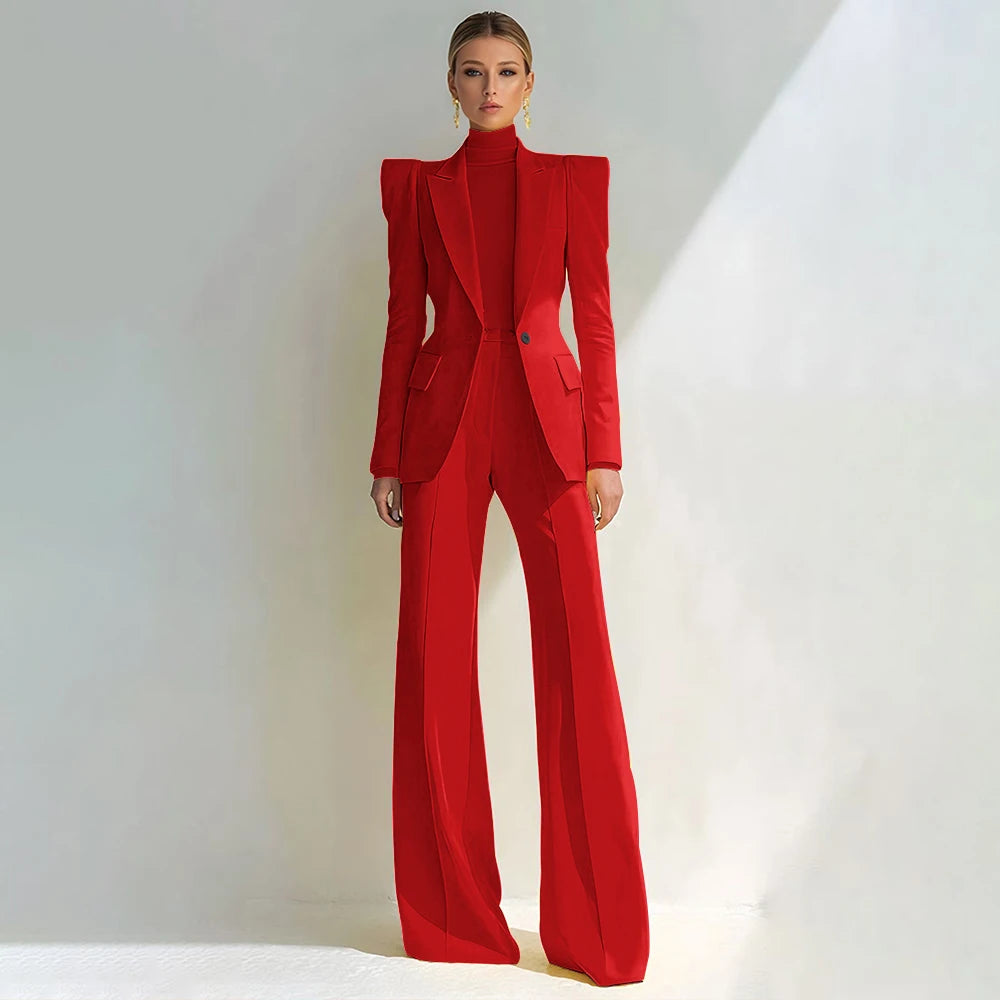 Costume rouge professionnel pour femmes, revers à pointe, bouton unique, Blazer élégant et pantalon évasé, ensemble 2 pièces, vêtements de bureau formels