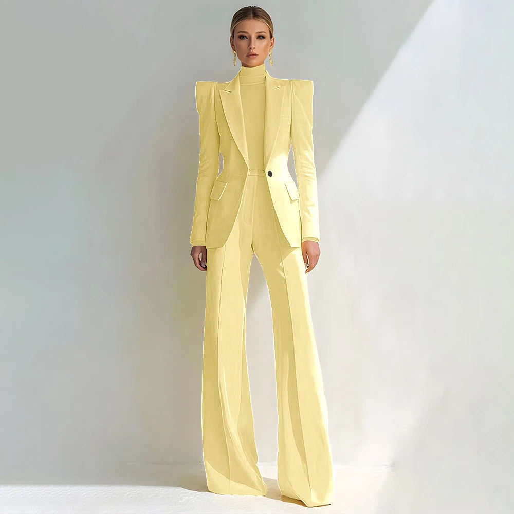 Costume rouge professionnel pour femmes, revers à pointe, bouton unique, Blazer élégant et pantalon évasé, ensemble 2 pièces, vêtements de bureau formels