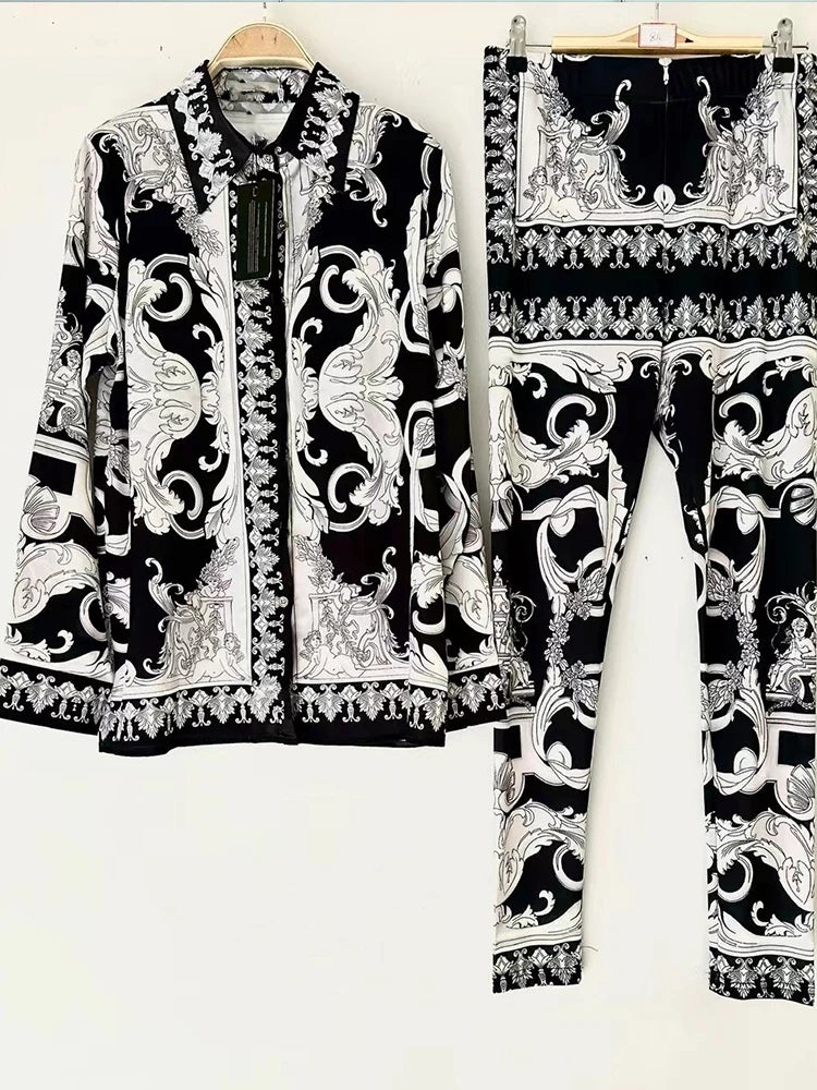 Chemise à manches longues à revers imprimé rétro pour femmes, nouveau costume + taille élastique, pantalon slim, pieds élastiques, costume deux pièces à la mode, printemps 2025