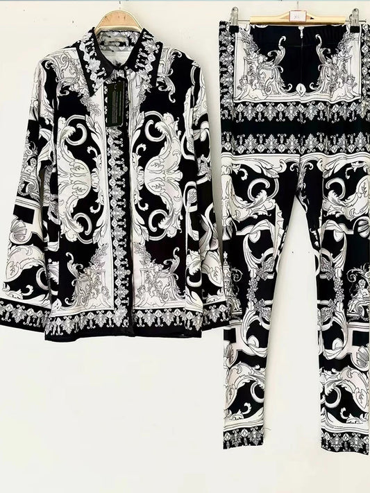 Chemise à manches longues à revers imprimé rétro pour femmes, nouveau costume + taille élastique, pantalon slim, pieds élastiques, costume deux pièces à la mode, printemps 2025