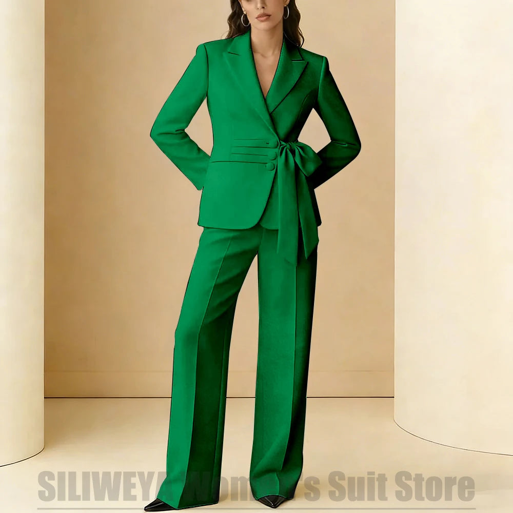 Costume 2 pièces pour femmes, Design avec ceinture à nœud, tenue formelle pour fête de mariage, bal de promo, bureau, mode, revers, costumes quotidiens décontractés pour dames