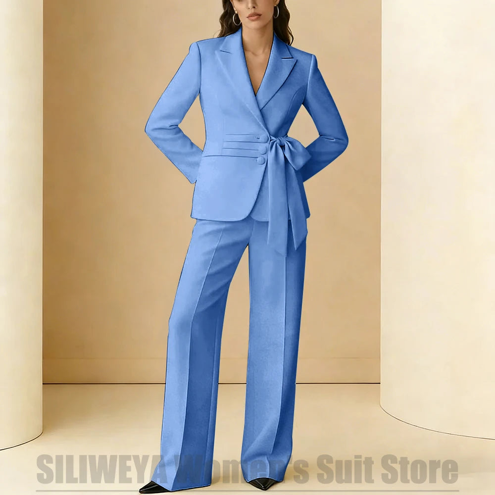 Costume 2 pièces pour femmes, Design avec ceinture à nœud, tenue formelle pour fête de mariage, bal de promo, bureau, mode, revers, costumes quotidiens décontractés pour dames