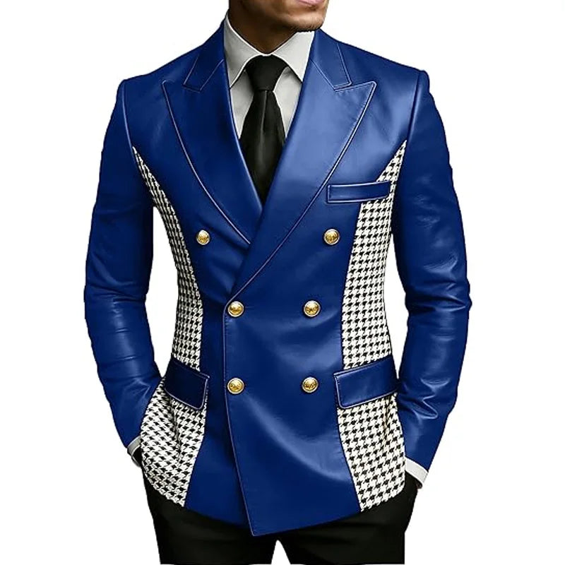 Blazer en cuir marron pour homme avec côtés à motif pied-de-poule, vintage, bicolore, double boutonnage, coupe ajustée, boutons dorés, veste de smoking en cuir