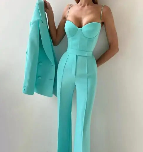 Tenue 3 pièces pour femmes, nouveau tempérament, bretelles Spaghetti, haut court et pantalon taille haute, ensemble avec Blazer à manches longues, automne 2025