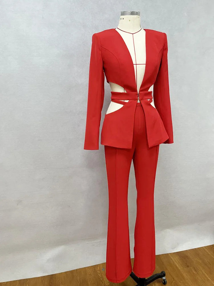 Ensembles de pantalons baggy trempés pour femmes, blazers courts à revers, veste d'automne, manches longues, taille basse, évider, fjgy, 2 pièces