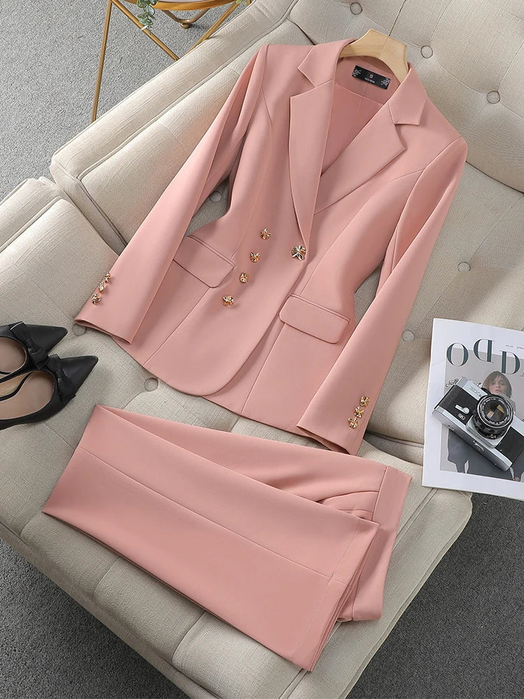 Costume pantalon pour femme, ensemble 2 pièces, rose, noir, Beige, vêtements de travail d'affaires, Blazer formel, veste et pantalon, automne hiver