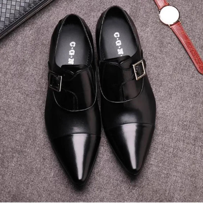 Chaussures en cuir élégantes pour hommes, style britannique, cuir véritable, boucle à lanières, mocassins, chaussures habillées, chaussures à enfiler, chaussures de cérémonie formelles