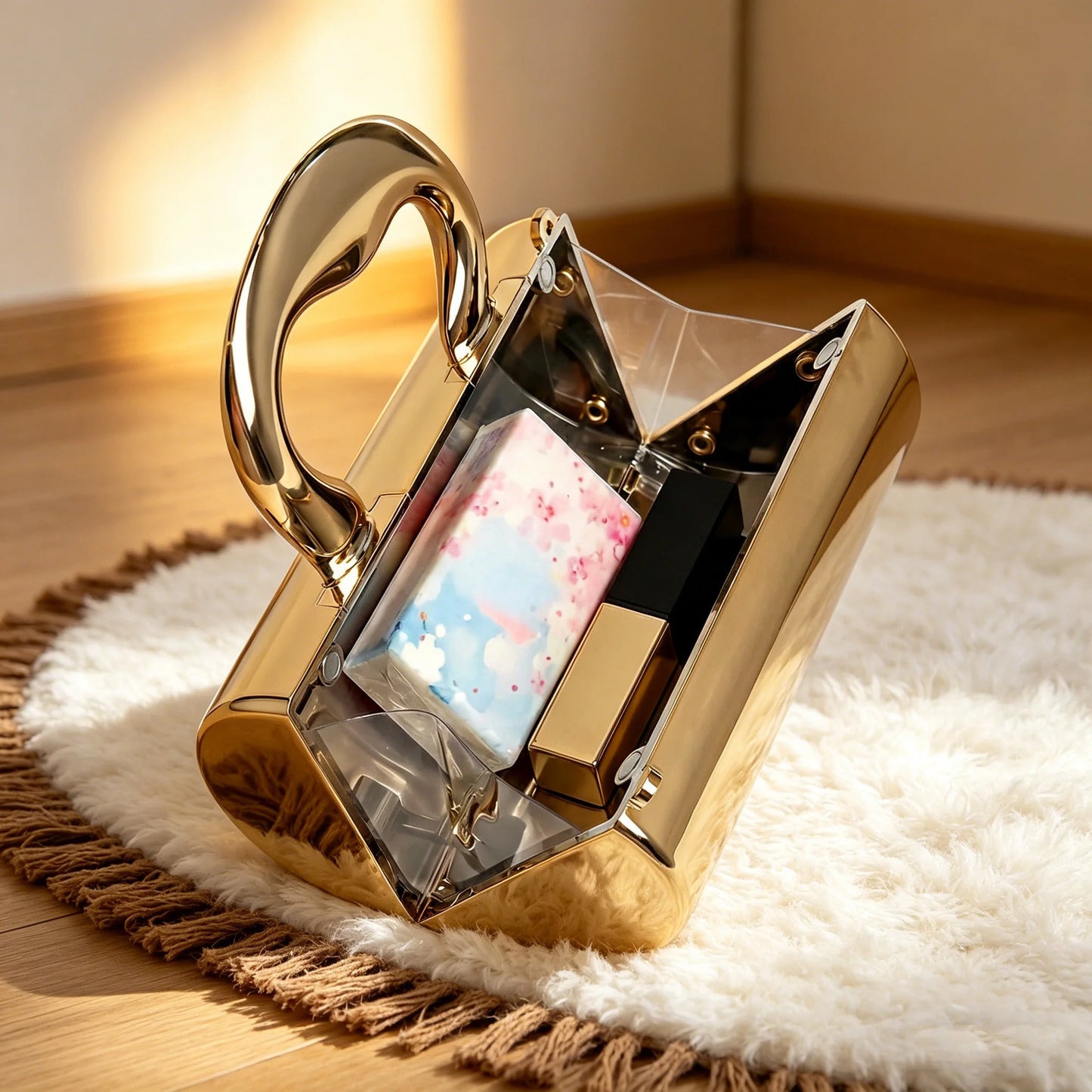 Pochette cylindrique mini élégante en acrylique doré, scintillante, pour soirées/fêtes, sac de luxe pour femmes, à porter à l'épaule ou en bandoulière