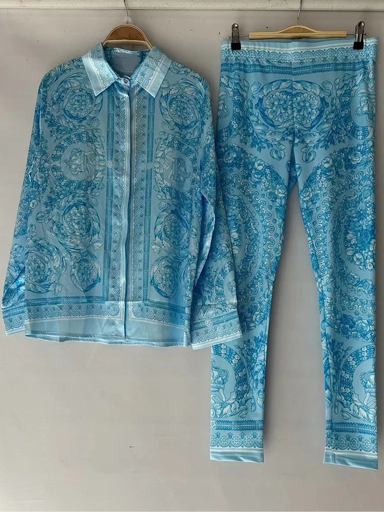 Chemise à manches longues à revers imprimé rétro pour femmes, nouveau costume + taille élastique, pantalon slim, pieds élastiques, costume deux pièces à la mode, printemps 2025