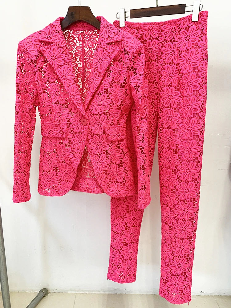 HIGH STREET Nouveauté 2026 Ensemble de costume de mode de défilé de créateur pour femme, Blazer en dentelle guipure à bouton unique et pantalon crayon, 2 pièces