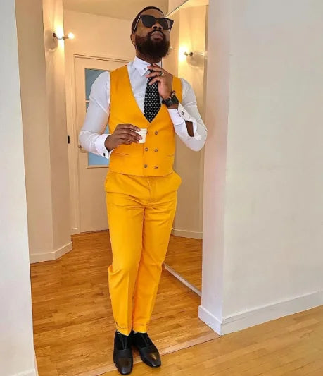 Costume 3 Pièces Bleu Royal pour Homme, Veste avec Pantalon Jaune, Coupe Slim, Blazer de Bal de Promo, pour ixde Mariage