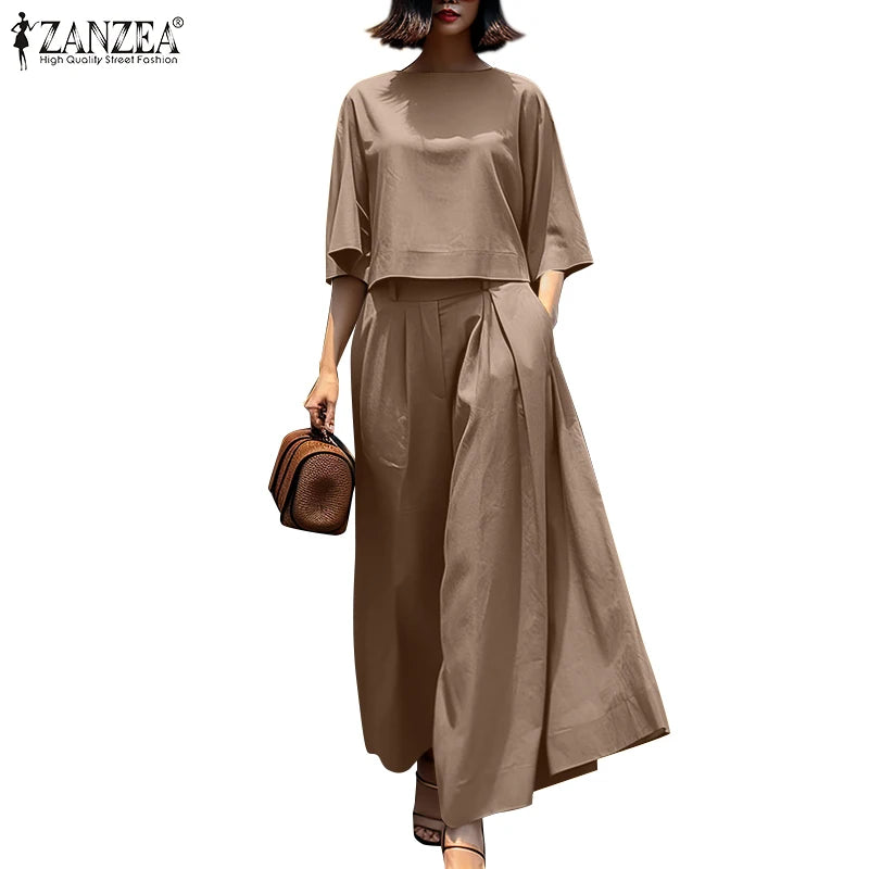 Mode été 3/4 manches Blouse pantalon costumes ZANZEA élégant femmes pantalons à jambes larges ensembles 2 pièces tenues décontractées travail OL survêtement