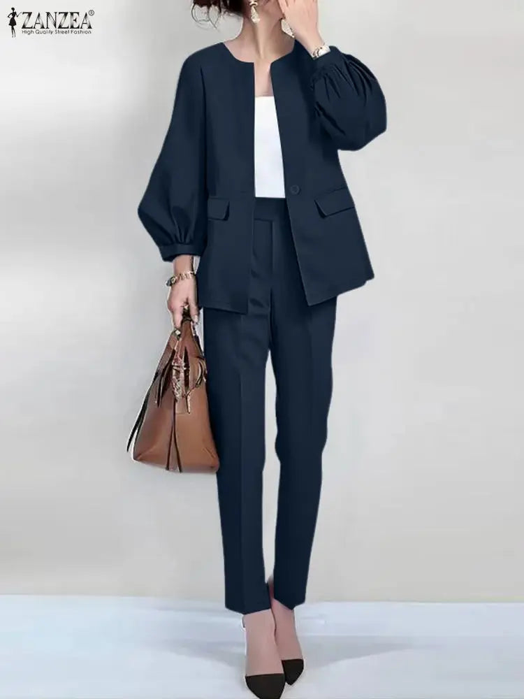 Femmes mode 2 pièces pantalon ensembles élégant col rond lanterne manches vêtements d'extérieur et crayon pantalon costumes ZANZEA printemps 2026 femme tenues