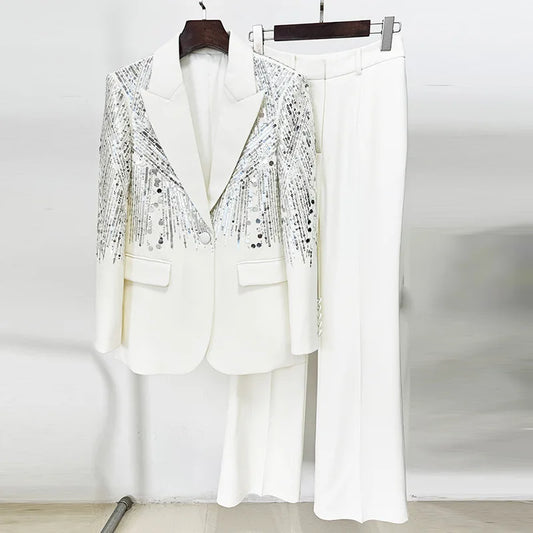 Ensemble Deux Pièces pour Femme, Blazer à Paillettes, Veste Imbibée, Jambes Larges, Pantalon Long Imbibé, Bureau, Marque de Styliste, Automne et Hiver