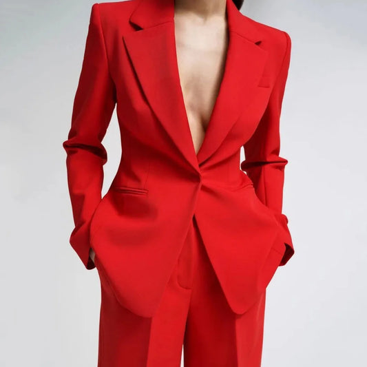 Costume 2 pièces rouge avec revers pour femmes, bouton unique, pour fête de mariage, travail d'affaires, trajet quotidien, Shopping décontracté, Blazer et pantalon