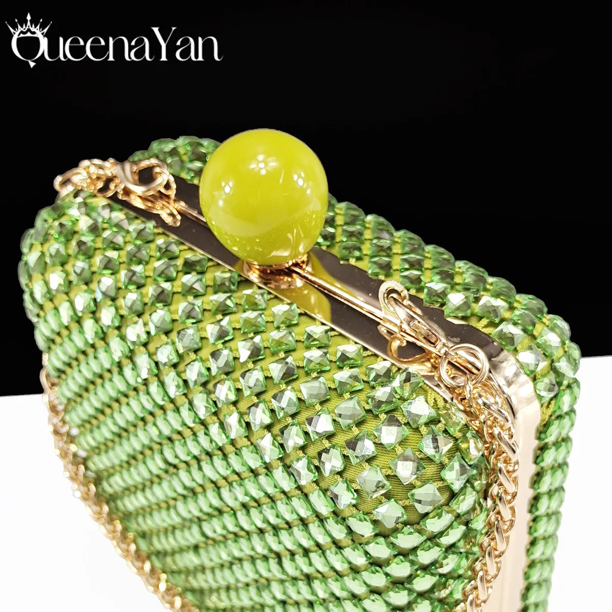 Queena Yan Design italien strass luxe couleur verte bout pointu chaussure et sac ensemble femmes talons hauts pour les fêtes de haute qualité