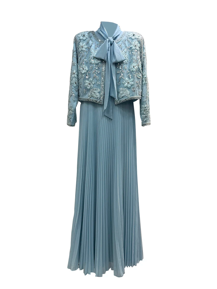 TWOTWINSTYLE Hit couleur deux pièces ensemble pour femmes col rond à manches longues manteau épissé à lacets sans manches taille haute robe ensembles femme
