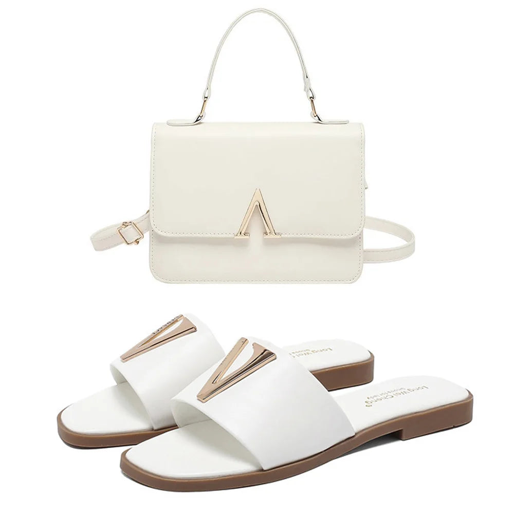 Ensemble de sacs à main et sandales en PU pour femmes, chaussures plates, sacs à main assortis, pantoufles, tongs, haute qualité