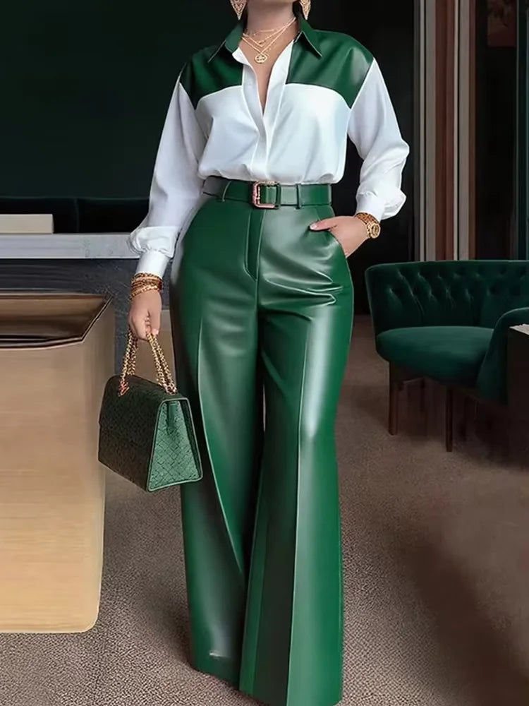 Ensemble deux pièces élégant pour femme : haut à col rabattu et manches longues avec pantalon large en similicuir – Collection Printemps-Automne 2026