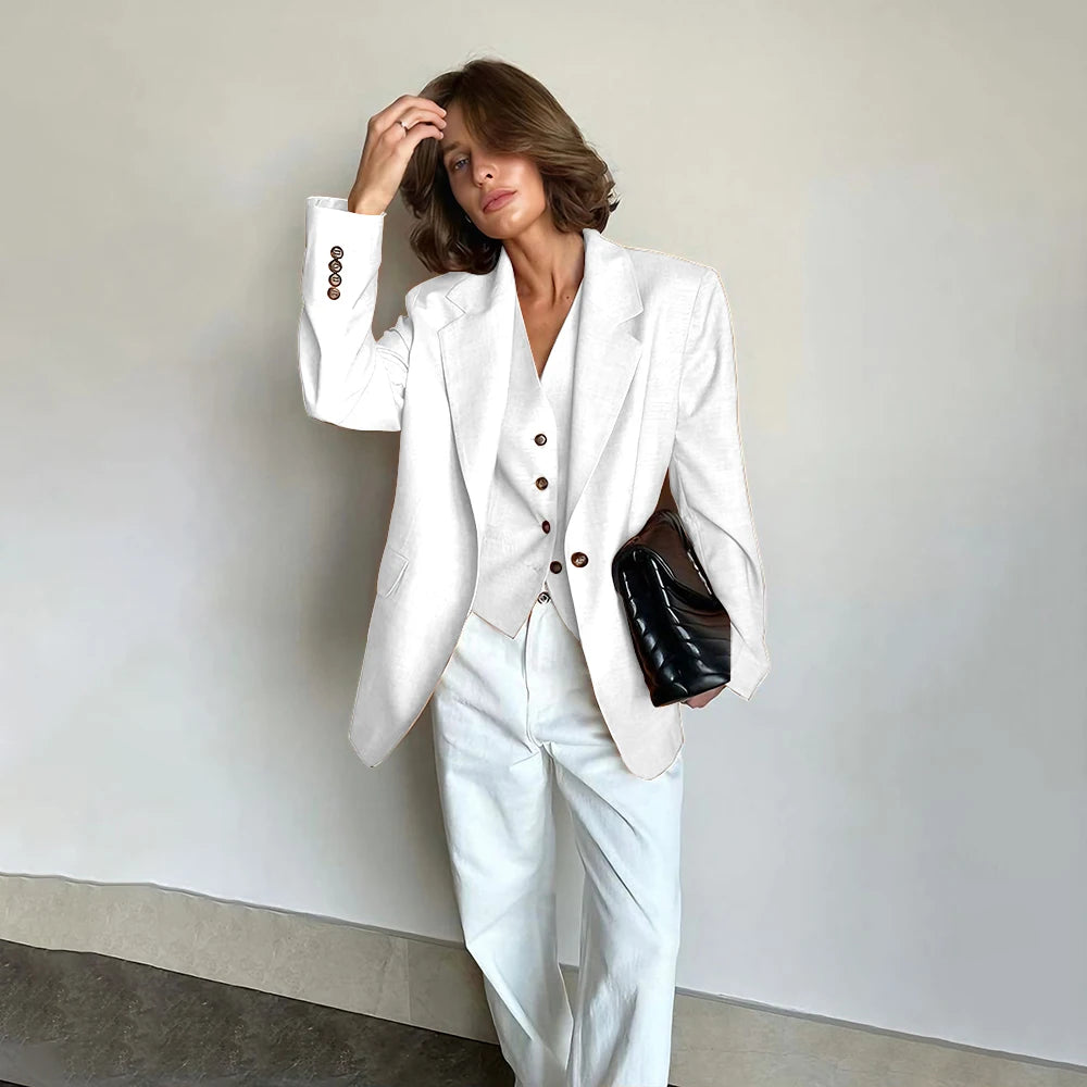 Slim Fit Women's Suits Linen Three Pieces Pant Sets High-end Single Button Notch Lapel Blazer Elegant Daily Business Office Wear