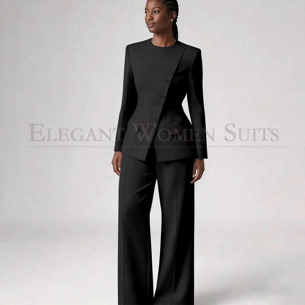 Costume de mode pour femme, blazer à simple boutonnage, col rond, longueur standard, ensemble 2 pièces veste et pantalon, tenue formelle de luxe