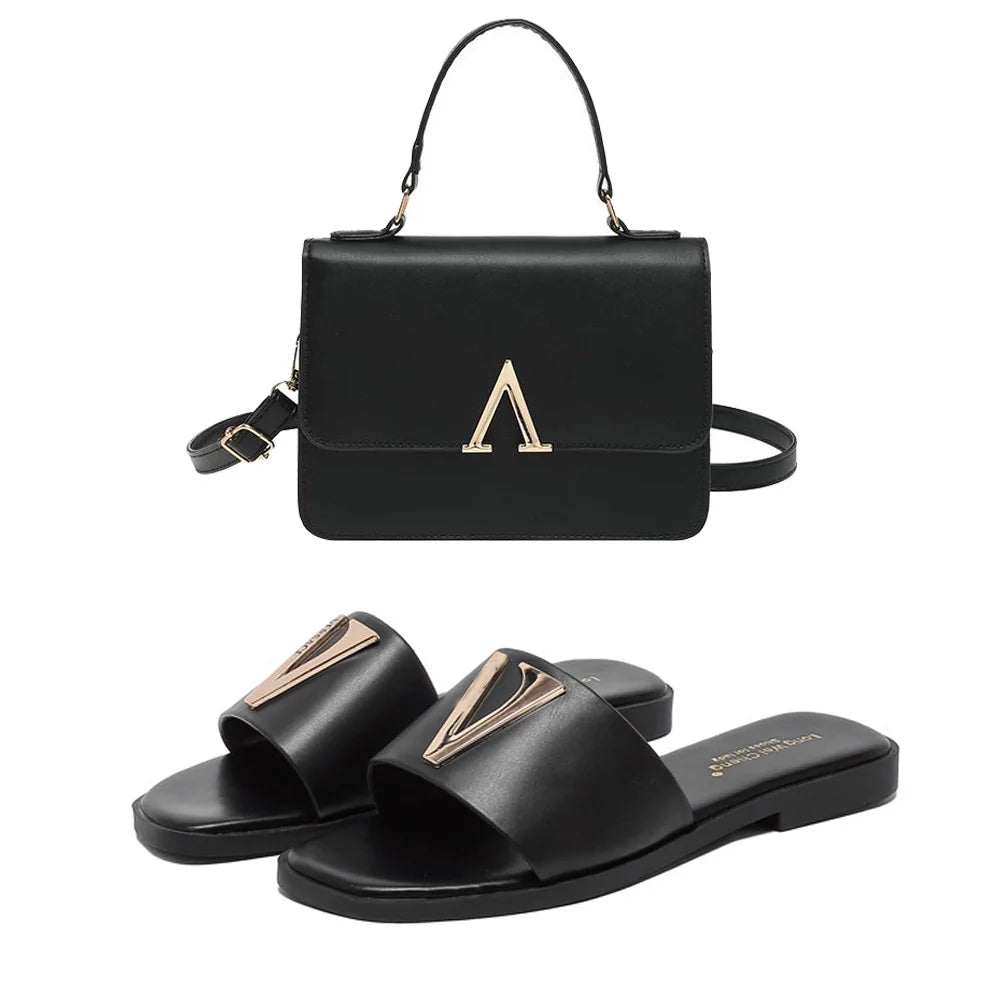 Ensemble de sacs à main et sandales en PU pour femmes, chaussures plates, sacs à main assortis, pantoufles, tongs, haute qualité